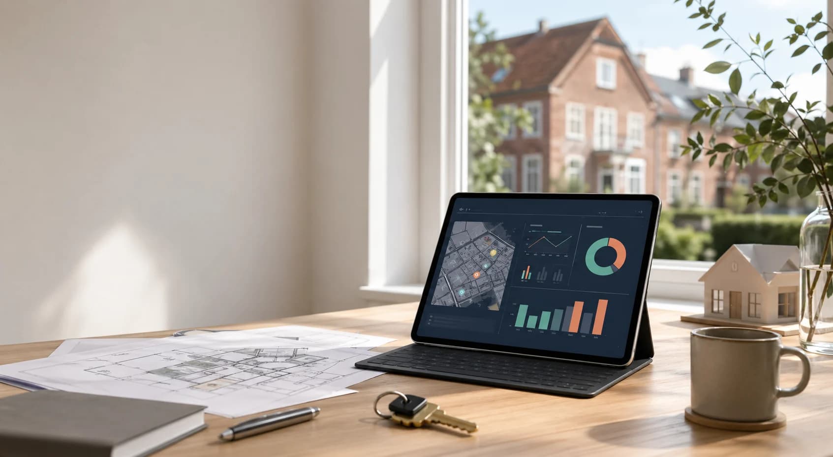 Lyst dansk boligkøbsbord med plantegninger, nøgler og en digital boliganalyse på tablet